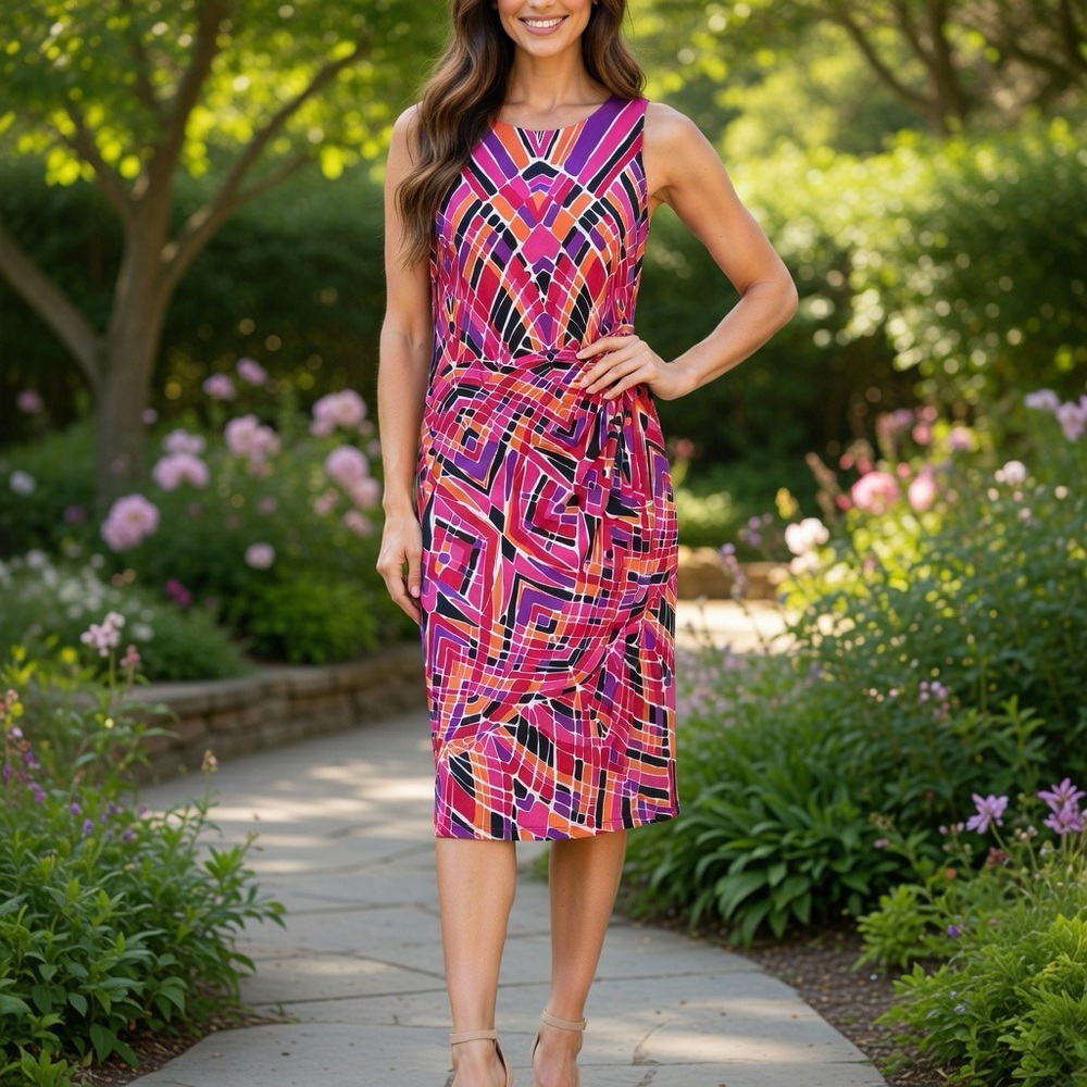 Kasper Vibrant Pink Geometric Midi Dress Stretch Knit Lined Sleeveless Faux Wrap